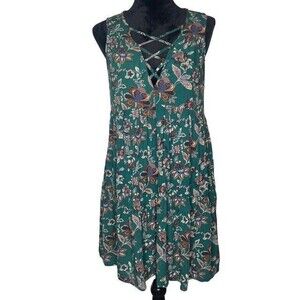American Eagle Viscose Green Sleeveless Lace Front Tiered Shift Dress Size S